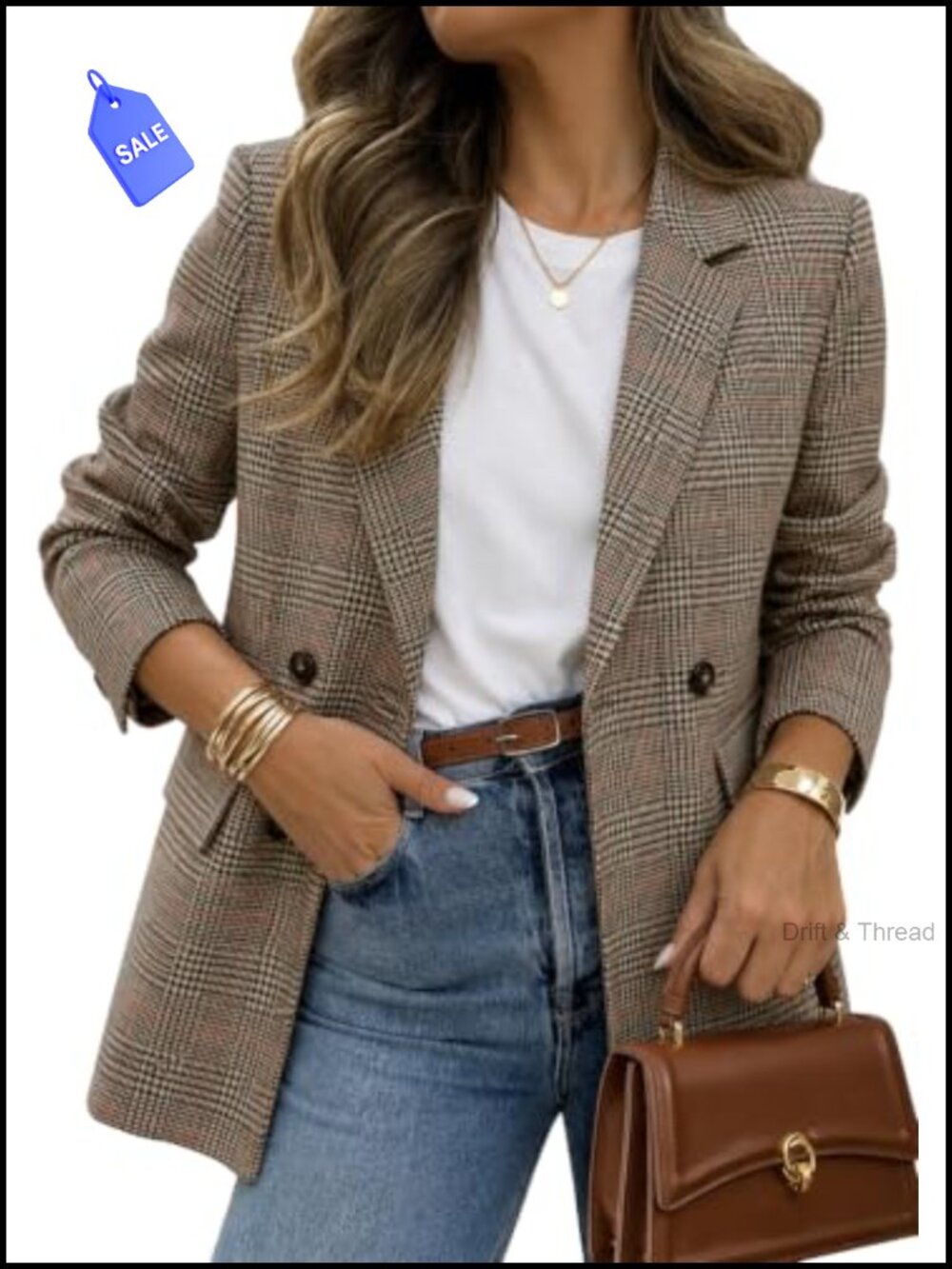 Oversized Plaid Tweed Boyfriend Blazer, Notch Collar Work Jacket, Polyester,